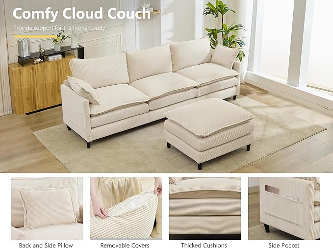 DRMBOOK 110.6'' L Shaped Modular Sectional Cloud Couch Comfy Upholstered 3 Seater Sofa Modern Deep Seat Modular Sofa Couches with Ottoman for Living Room (Corduroy Cream Beige 3 Seat+1 Ottoman)