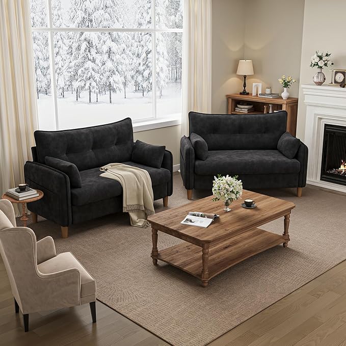 50 Mini Loveseat Couch for Small Space | Tufted Love Seat Couches for Bedroom and Apartment | Small Sofa Black