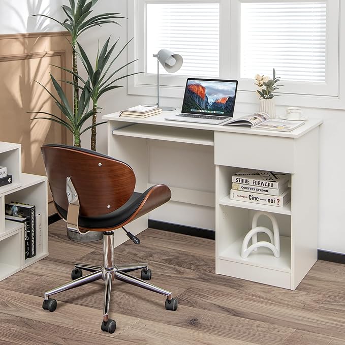 Computer Desk with Keyboard Tray and Drawer Home Office Desk with Adjustable Shelves &amp Cable Hole Modern Vanity Table for Bedroom Teens Gaming Desk Writing Study Workstation (White)