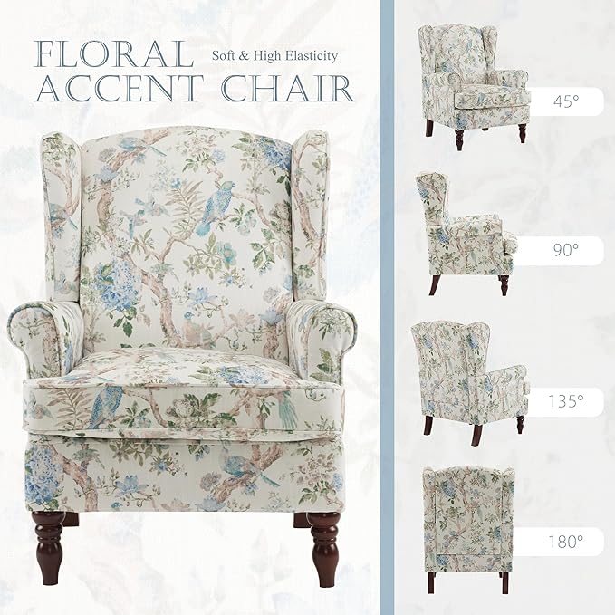MELLCOM Floral Accent Chair High Back Upholstered Armchair with Solid Legs Leisure Single Sofa Chair for Living Room Bedroom Home Office Light Blue Floral&ampBird