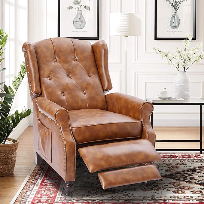 Wingback Recliner Chair with Massage and Heat Tufted PU Leather Push Back Recliner Chair for Living Room Vintage Wingback Chair with Remote Control Padded Cushion Backrest Wooden Legs
