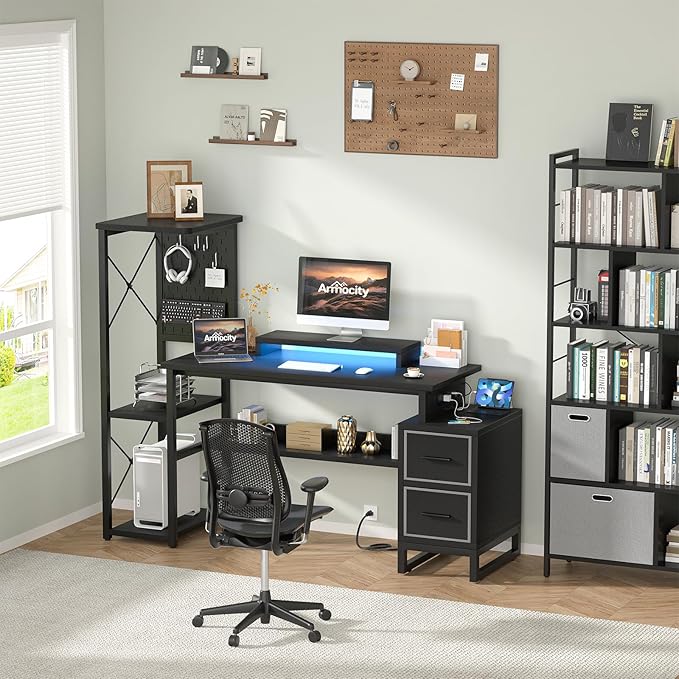 Computer Desk with 2 Fabric Drawers - Reversible Home Office Desk with Power Outlet &amp LED Lights 53 Writing Desk with Monitor Stand &amp Storage Shelves Gaming Desk Study Table with Pegboard