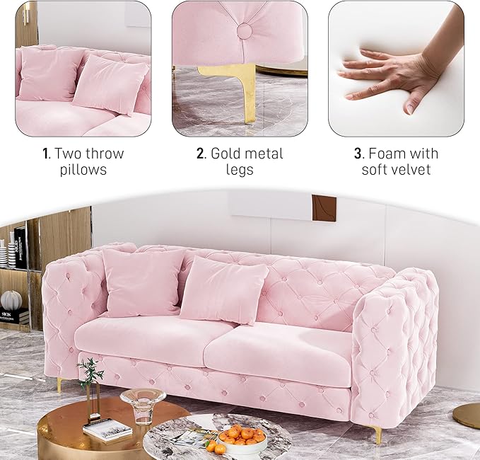 75 Sofa Couch Mid Century Modern Velvet Couch Tufted Button Sofa High Armrest &amp Metal Gold Legs Luxury Chesterfield Decor with 2 Piilows Comfy Loveseat for Living Room Pink