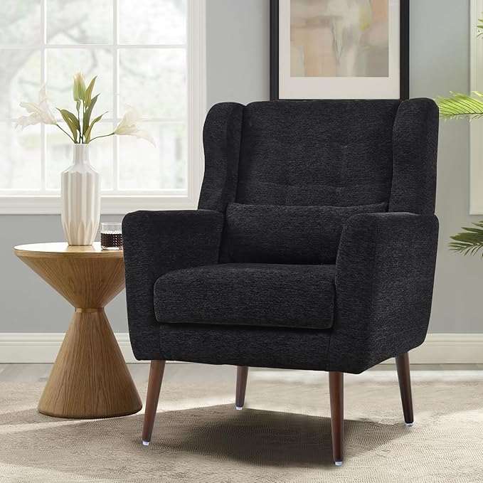 Modern Accent Chair Chenille Fabric Upholstered Tufted Side Chair Wingback ChairMid Century Reading Armchair with Waist Pillow Backrest for Living Room Bedroom (Black)