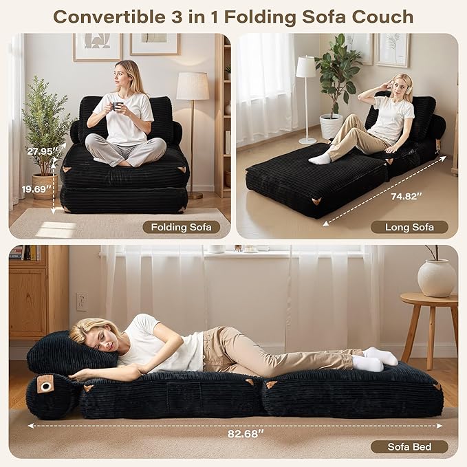 75''Foldable Sofa BedBlack Convertible Folding Sleeper Chair BedFoldable Single Sofa Foam Filling Couch with Pillow Comfy Corduroy Lazy Floor Sofa for Small Room Living Room Bedroom Apartment