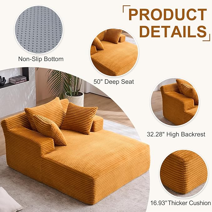 Avenix 66 Boneless Oversized Chaise Lounge Chairs Indoor Boneless Oversized Chaise Lounges Indoor Boneless Oversized Reading Chairs Cloud Sleeper Sofa Couch Bed with 3 Pillows for Living RoomOrange
