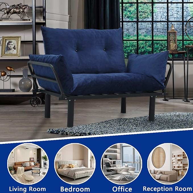 49 Mini Couch with Mattress Included Small Loveseat Sofa Chair for Small Space Oversized Accent Chair and a Half Metal Frame (Blue)