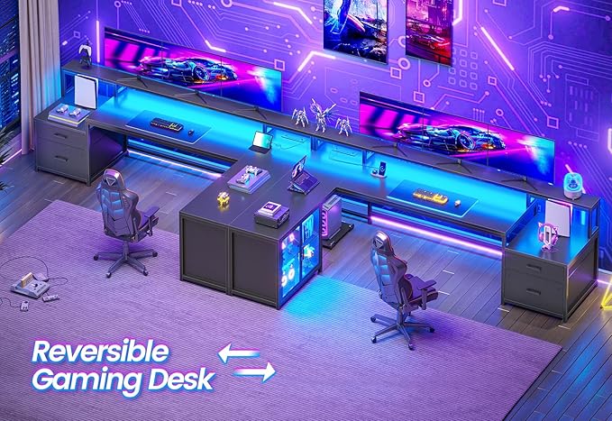 SEDETA L Shaped Gaming Desk 78.7” Large Computer Desk with Drawers and Power Outlet &amp LED Light Corner Gaming Desk with Storage Shelves Display Cabinet for Home Office Black