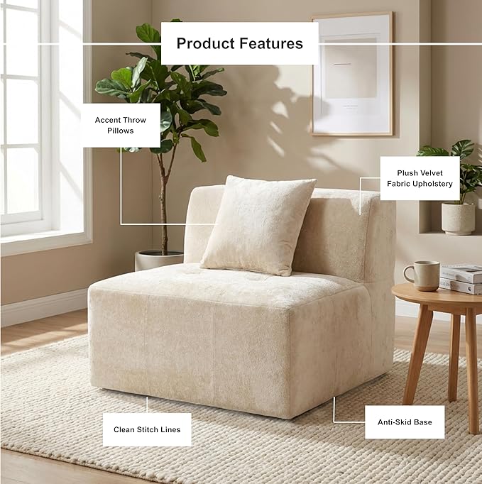 · REDEARTH · Armless Chair Velvet Sectional Sofa No-Assembly Compressed Couch in a Box Firm Support Boneless Modular System in Plush Velvet for Living Room (1-Seater) Cream