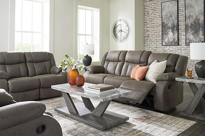Signature Design by Ashley First Base Contemporary Faux Leather Manual Reclining Sofa Gray
