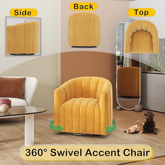 Swivel Accent Chair Velvet Barrel Arm Chair for Living Room Pumpkin Shaped Curved Chair with Metal Base for Bedroom Balcony Study Room（Yellow Set of 2）