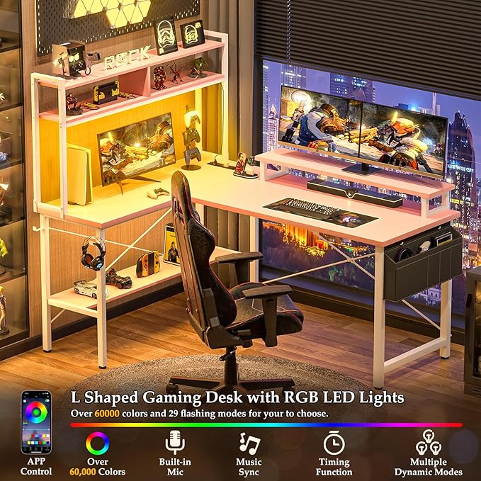 Aheaplus L Shaped Gaming Desk with Power Outlets &amp LED Lights Small L- Shaped Desk Computer Corner Desk with Monitor Stand &amp Storage Shelf Home Office Desk Writing Desk with Storage Bag Pin