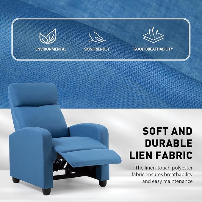 PayLessHere Recliner Chair Single Reclining Sofa Home Theater Seating with Lumbar Support and Padded Backrest for Living Room and Bedroom (Fabric Blue)