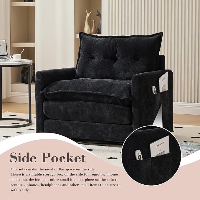 Swivel Accent Chair Modern Chenille Arm Chair Comfy Upholstered Accent Chair with 360 Degree Rotating Metal Base Single Sofa Chairs for Living Room Bedroom Reading Room Black