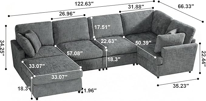 ERYE 122-Inch Modern Corner Modular Sectional Sofa Couches with Ottoman and 4 Toss Pillows Comfy Chenille Upholstered U-Shaped Sofa Convertible L-Shaped Symmetrical Couch