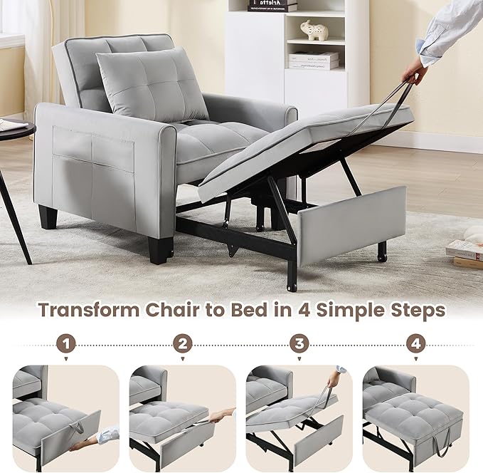 Convertible Sleeper Chair 3 in 1 Sleeper Chair Bed Pull Out Sofa Bed Chairs Velvet Single Sofa Beds with Adjustable Backrest for Adults Reading Living Room Bedroom Light Grey