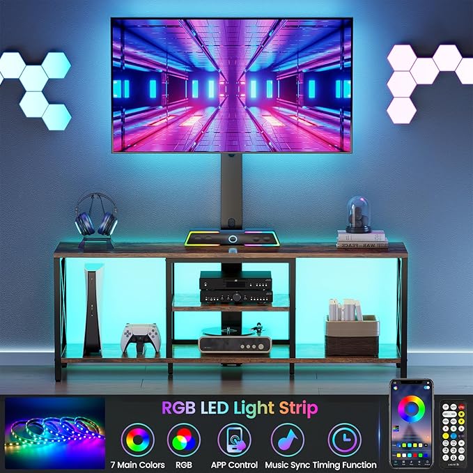 TV Stand with Mount and LED Lights Universal TV Stand Mount for 32-75 inch TV Entertainment Center with Storage Metal TV Console Table Height Adjustable TV Stands for Living Room Rustic Brown