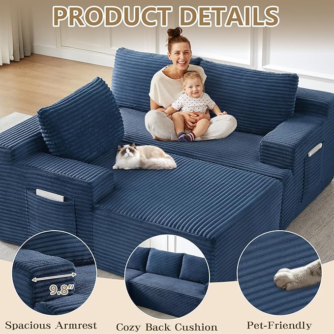 96 Modular Sectional Sofa Modern Corduroy L Shaped Cloud Couch with Side Pockets Boneless Upholstered Couches with Deep Seat for Living Room No Assembly Required (Blue Left Facing Chaise)