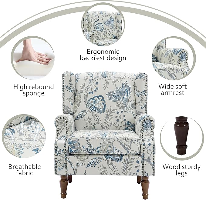 Lumibee High Back Accent Chair Set of 2 Armchair in FabricComfy Upholstered Wingback Single Sofa Reading Chairs with Solid Wood Legs for Living RoomBedroomOffice-Plants Blue