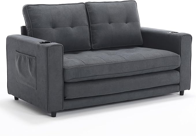 Futon Sofa Bed Convertible Folding Futon Couch Breathable Small CouchAdjustable Pull Out Chaise Lounge for Compact Living Studio in Living Room and Bedroom Offices Loveseat (Dark Gray+Holder)
