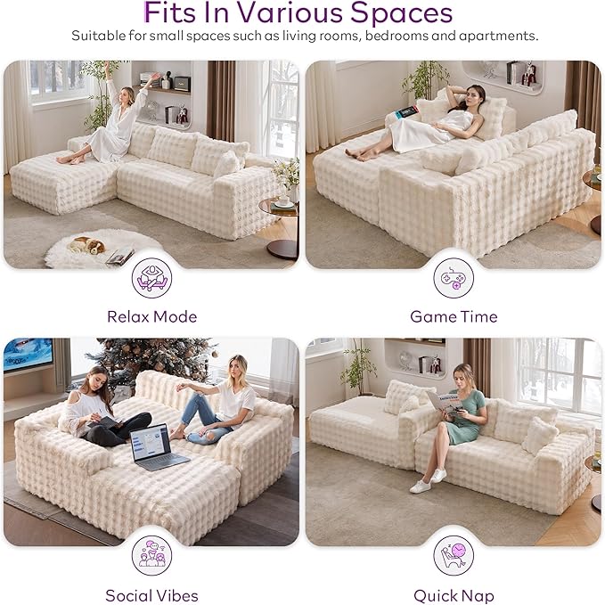 TYBOATLE 107’’ Boneless Slow-Rebound Memory Foam Couch Cloud Sectional Couches for Living Room w/Upgraded Fabric Deep Seat Comfy Fluffy L Shaped Modular Sectional Sofa