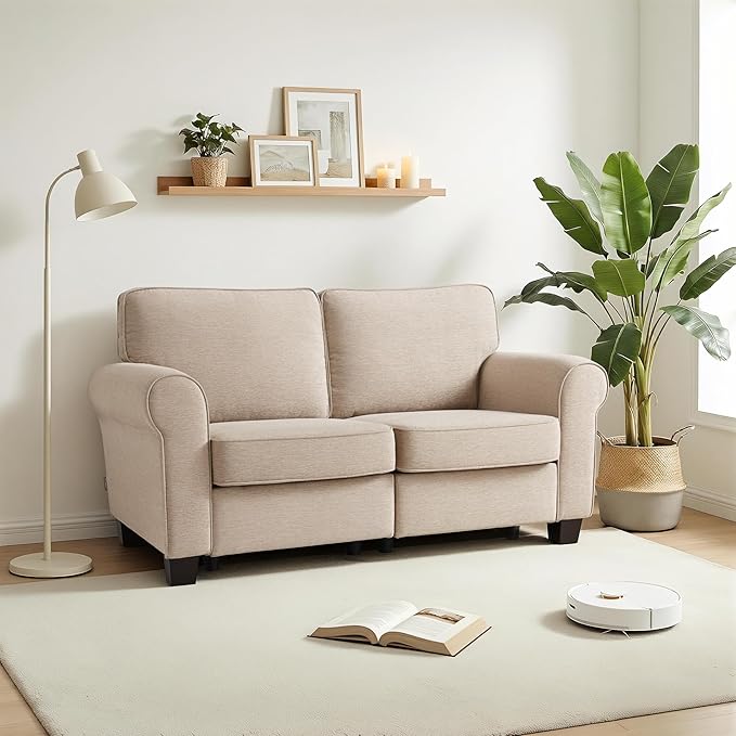 MCombo 67.7 Loveseat Sofa 2-Seater Small Couch for Small Spaces Classic Rolled Arm Upholstered Sofa with Solid Wood Legs for Living Room Removable Cover Chenille Fabric VE730 (Beige)