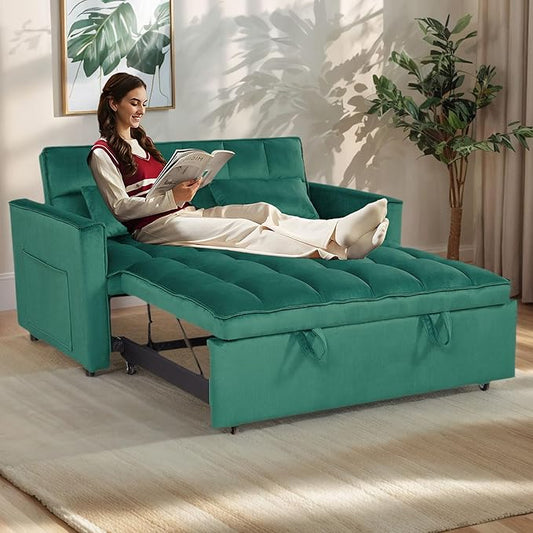 54 Convertible Sofa Bed Velvet Sleeper Sofa with Pull-Out Bed 3-in-1 Futon Couch with Reclining Backrest and Side Pocket Modern Loveseat for Living Room (Dark Green)