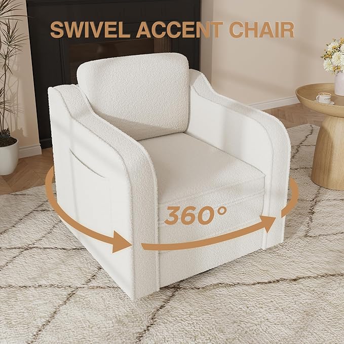Swivel Accent Chairs for Living Room 30 Inches Modern Arm Chair Upholstered Armchair Single Sofa for Bedroom Apartment Reading Room White