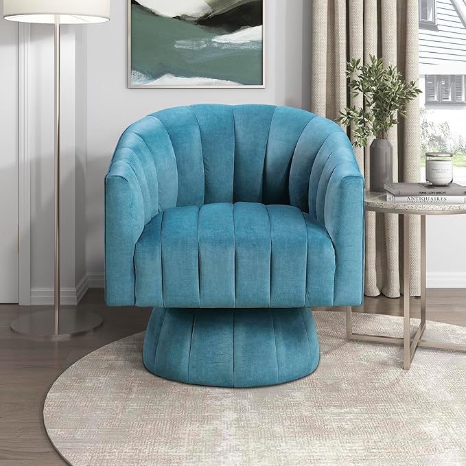 Lexicon Modern Swivel Accent Chair Velvet Fabric Upholstered Swivel Lounge Chair with Rounded Base and Channel Stitching for Living Room/Bedroom/Office Easy Assembly Dark Teal