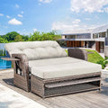Outdoor Daybed Patio Daybed Wicker Recliner for Two with Multifunctional Recliner and Stowable Side Tray 5 Level Adjustable Backrest (Beige)