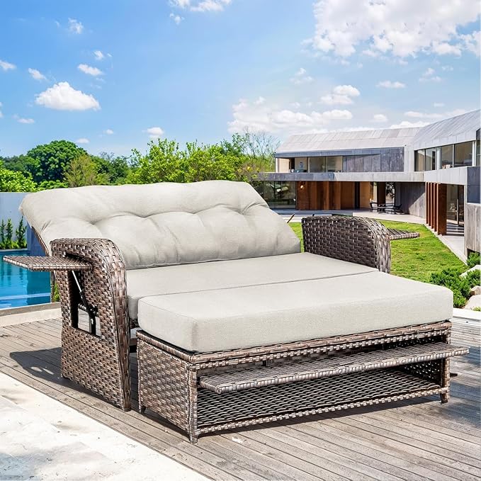 Outdoor Daybed Patio Daybed Wicker Recliner for Two with Multifunctional Recliner and Stowable Side Tray 5 Level Adjustable Backrest (Beige)
