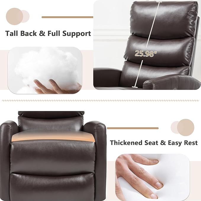 cinkehome Small Swivel Rocker Recliner Chair with Heated Massage Upholstered Nursery Glider Recliner Chair High Back Side Pocket (Brown PU Leather)