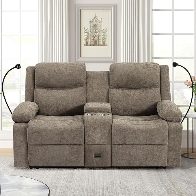 Loveseat Recliner Sofa Reclining Loveseat with Console RV Wall Hugger Double Loveseat Recliner Couch for Living Room &amp Home Theater (Chenille-Camel)