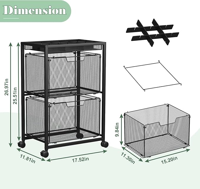 Rolling File Cart with 2 Drawers Under Desk Storage Cabinet with DIY Divider Letter/Legal Mobile Filling Cabinet on Wheels Hanging File Folders Organizer Metal Utility Cart for Home Office Black