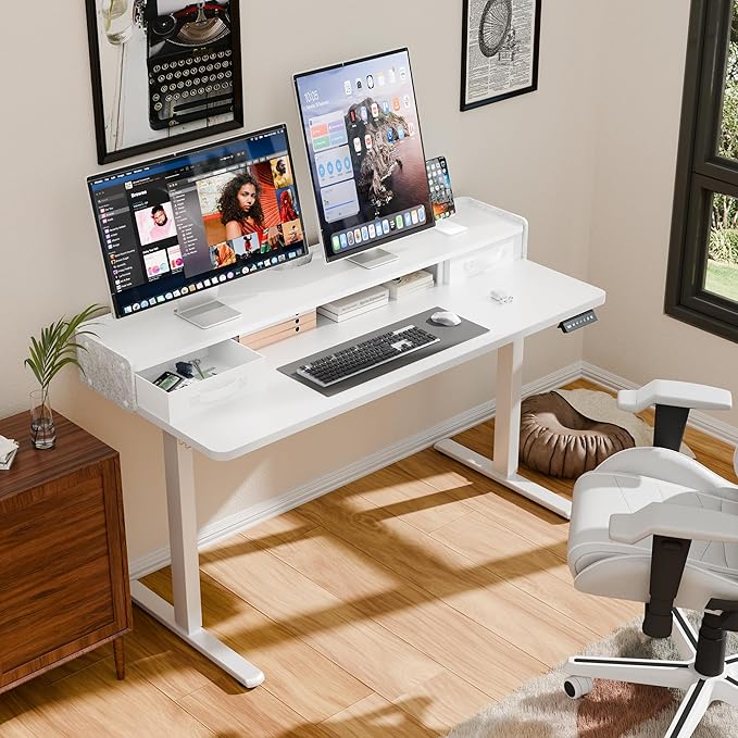 YESHOMY 55 x 23 Electric Standing Desk with 2 Drawers Height Adjustable Computer Desk Low Noise Home Office Stand Up Desk with 2 Preset Heights &amp 2 Hooks White