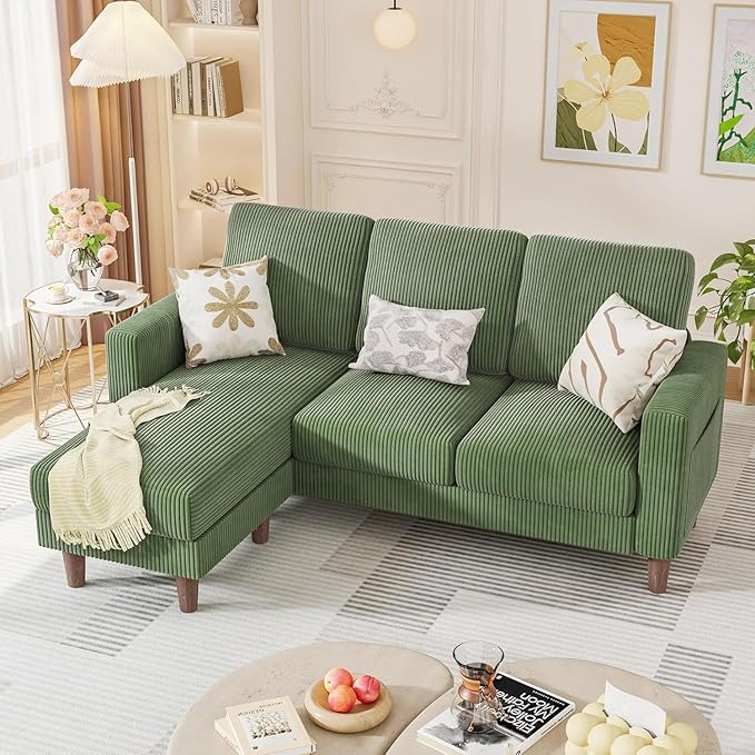 Homall Convertible Sectional Sofa 3 Seat L Shaped Couch with Side Storage Pocket Sofas with Movable Ottoman Corduroy Small Couches for Living Room &amp Apartment (Corduroy Green)