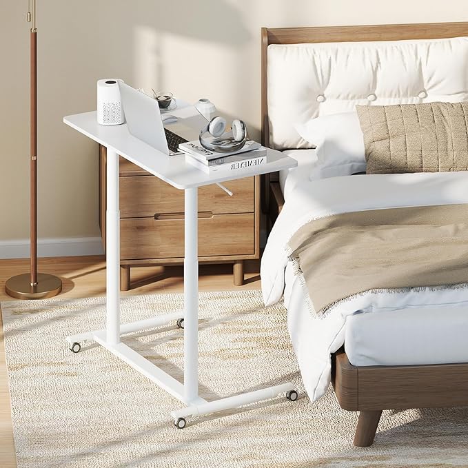 Tangkula Mobile Standing Desk C-Shaped Sit Stand Desk with Adjustable Height Lockable Wheels &amp Metal Frame Rolling Laptop Desk Portable Computer Workstation for Small Space