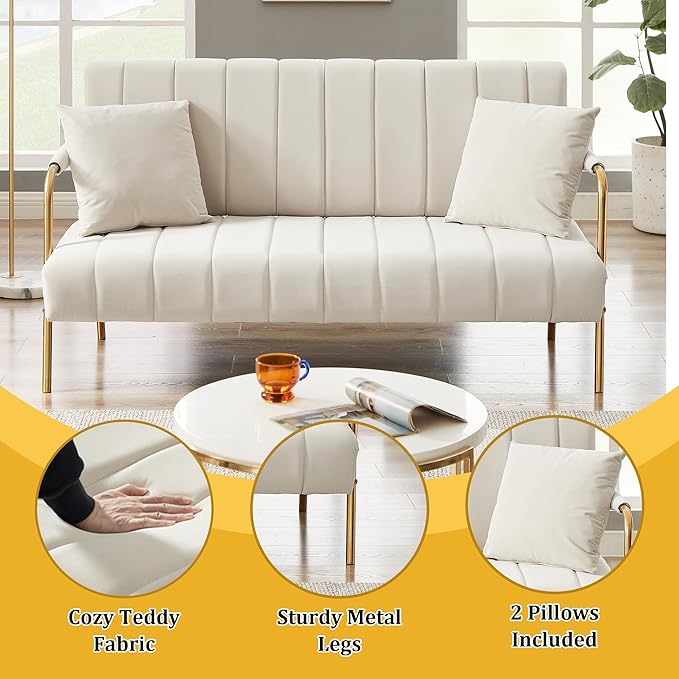 Dolonm 60 Velvet Loveseat 2 Seater Upholstered Couch with 2 Pillows Mid Century Pleated Velvet Sofa with Gold Metal Legs Perfect for Small Spaces Apartments Offices Bedrooms