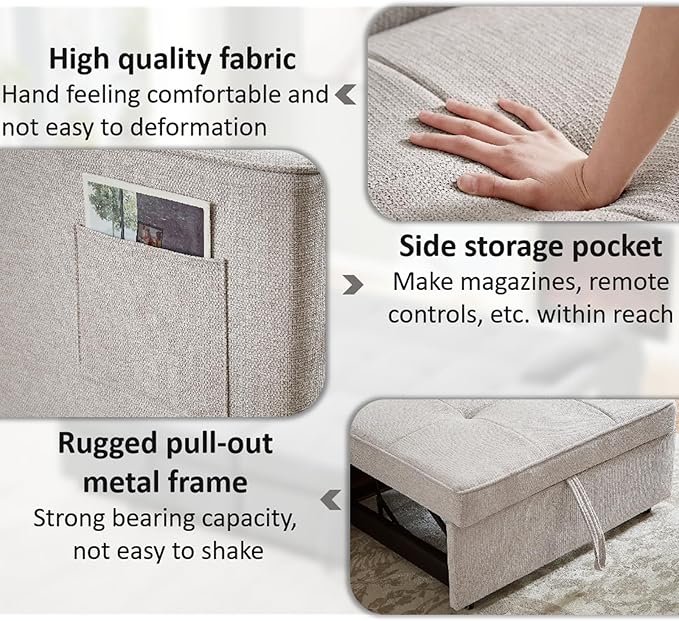 King Size Pull Out Sofa Bed 4-in-1 Convertible Sofa Bed Couch Chenille 3 Seaters Sofa Sleeper with Dual Pull Out Bed &amp Adjustable Backrest for Living Room Beige