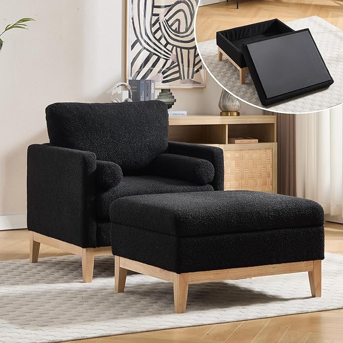 Mlmh &amp Kngwa 35.43 W Accent Chairs with Ottoman Upholstered Accent Chairs Ottoman Set with Natural Wood Legs Single Sofa Wingback Armchair for Living Room Bedroom Black