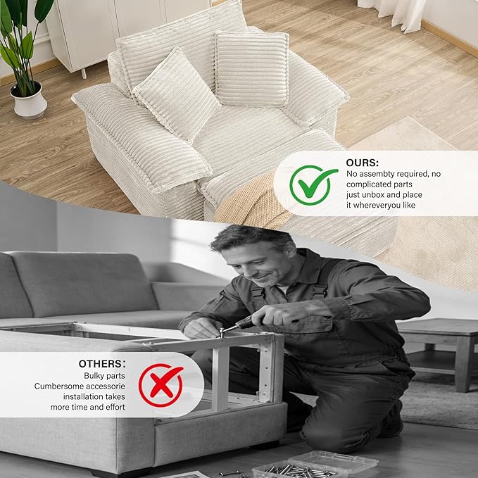 Boneless Sofa with Removable OttomanUpholstered Sofa Bed with PillowsPlush Faux Fur Lounge Reading Chairs with ArmrestsCloud Couches for Living RoomNo Assembly Required (White Single seat) | No A