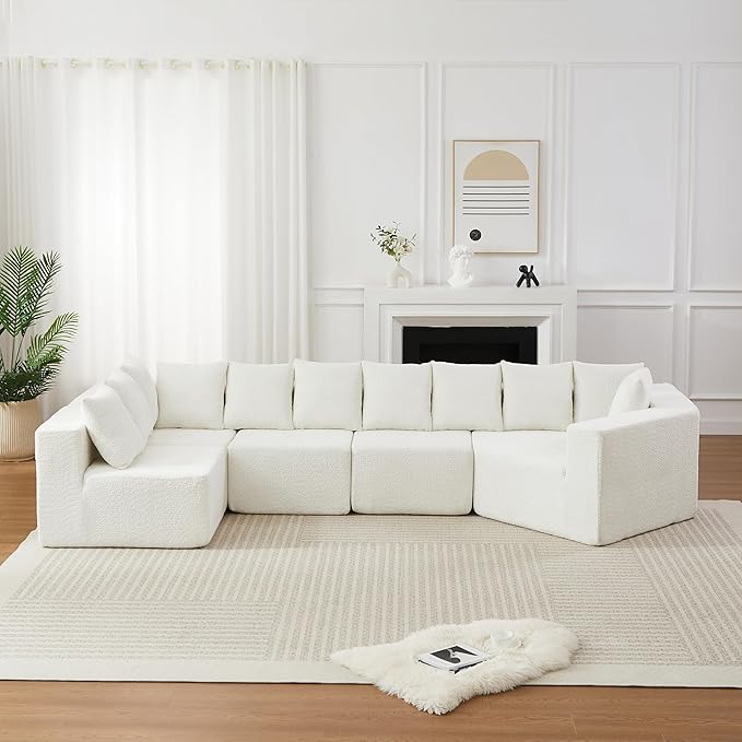 KEIKI 151.6 Extra Large L-Shaped Sofa Chenille Sectional Cloud Couch with 11 Pillows Curved Boneless Sofa for Living Room Guest Bedroom Beige