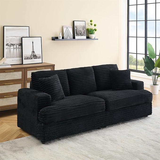 Modern Cloud Couch 3-Seater with 4 Matching Toss Pillows 88.58 Soft Corduroy Sofa with Deep Seat for Small Spaces Living Room Apartment (Black)