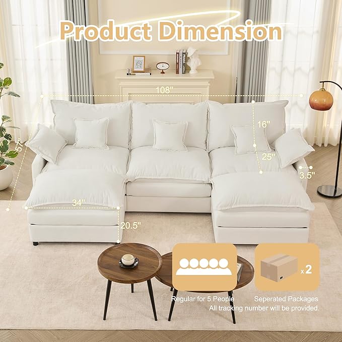 108 U Shaped Couch Modular Sectional Sofa 3-Seater Comfy Cloud Couch Set of Modular Pieces with Movable Ottoman Deep Seat Couches for Living Room Chenille Ivory