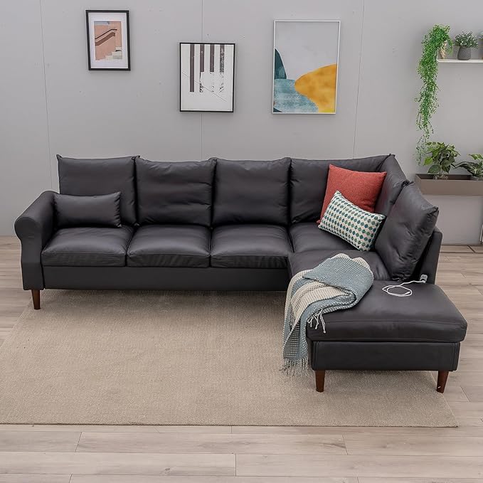 Panana Upholstered Sofa Couch Linen Fabric/Artificial Leather L Shaped Corner Sectional Modern Living Room Sofa (Black Faux Leather 6 seat Right Corner with Built-in USB Port)