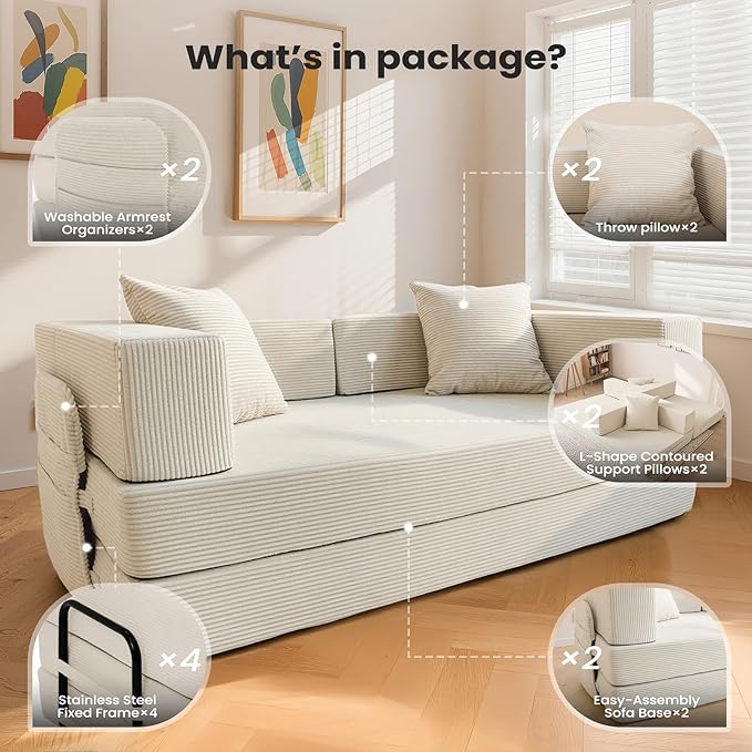 5‑in‑1 Futon Sofa Bed Queen – Floor Foldable Convertible Sofa Couch with L‑Shaped Armrests Removable Cover White Convertible Guest Bed | Space‑Saving Fold‑Out Mattress Lounge for Living Room/Bedroom