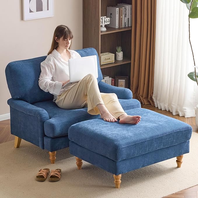 Bezseller Oversized Chair Indoor with Ottoman 46 W Upholstered Armrest Sofa Big Comfy Lounge Sofa Deep Seat Sleeper Chair for Living Room Apartment Bedroom Reading Room(Blue)