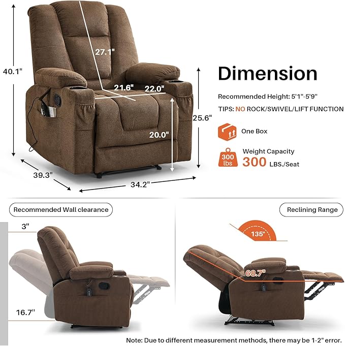 Recliner Chair with Massage and HeatChenille Recliner Sofa Chairs for AdultsWall Hugger Recliners for Living Room Reclining Armchairs with Cupholders Middle Brown