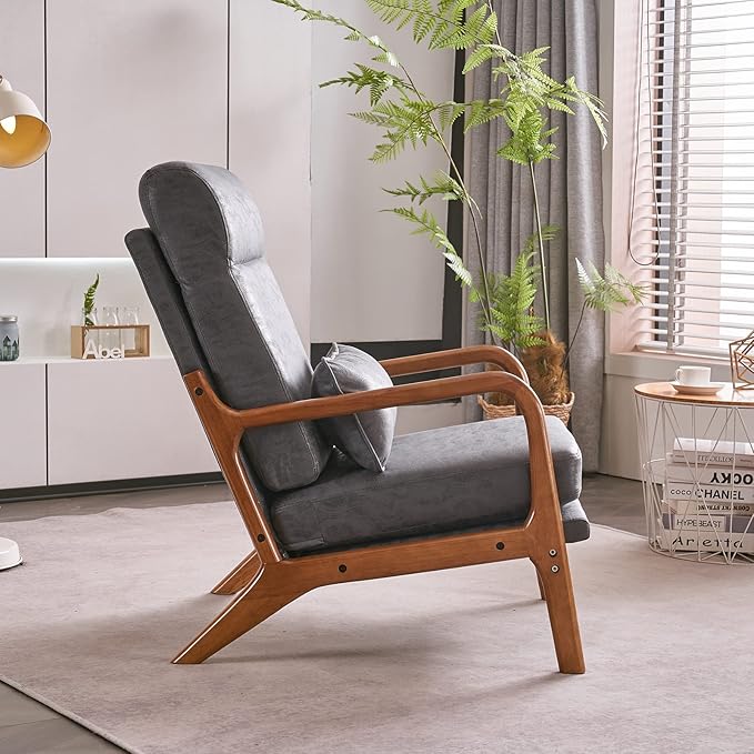 JOYBASE Mid Century Modern Lounge Chair - High Back Wooden Frame Comfortable Reading Chair for Living Room Office Bedroom (Dark Grey Bronzing Cloth)