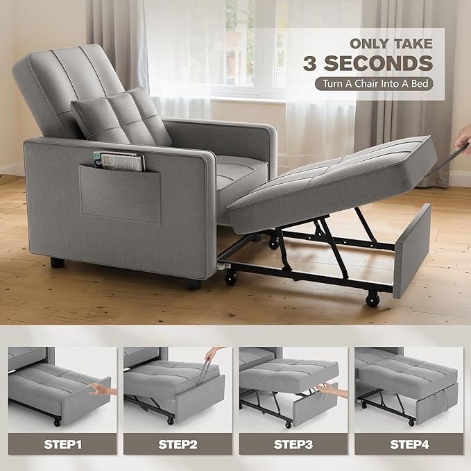 JUMMICO Sleeper Chair 3-in-1 Convertible Sleeper Sofa Bed for Adults Linen Fabric Pull Out Chair Bed with Adjustable Backrest Couches for Living Room Apartment Office Small Space (Light Gray)